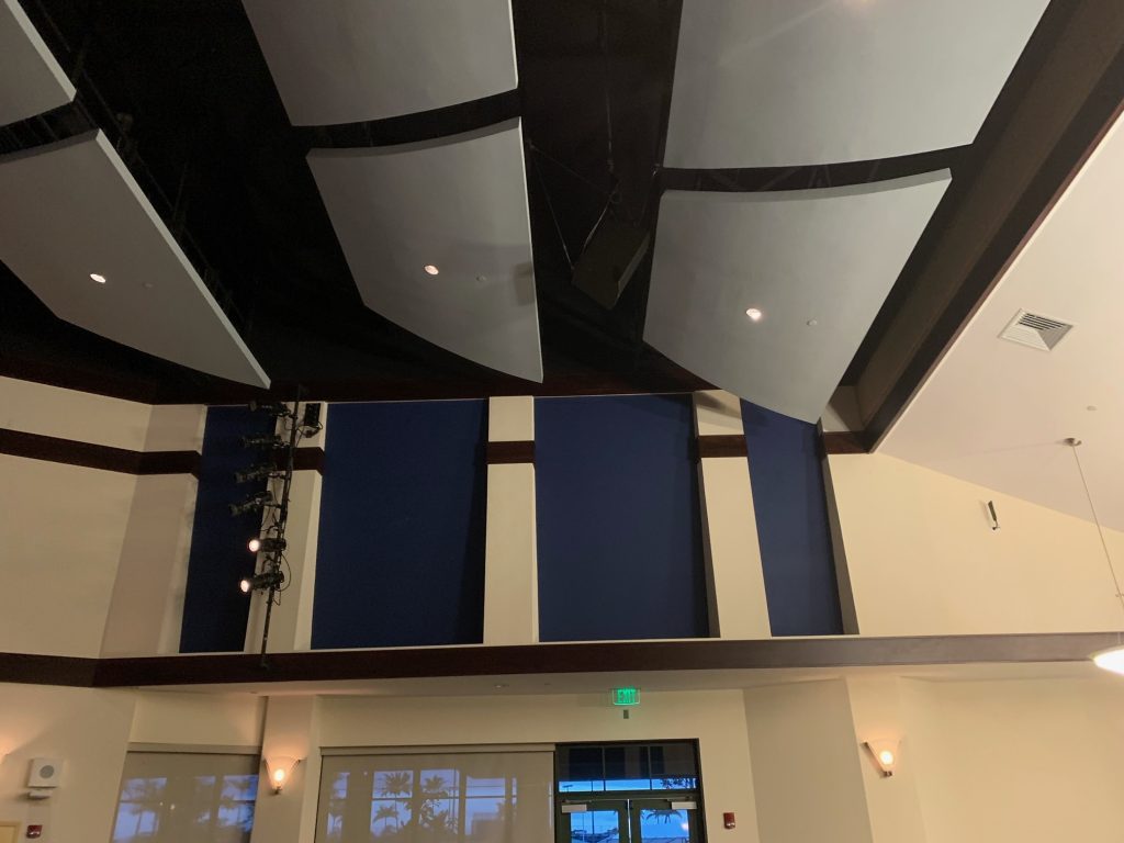 Photo of the inside of the Kamehameha High School Chapel showing the custom decorative acoustical ceiling tile installation.